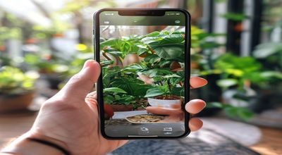 博客配图：手机屏幕展示种子搜索移动端界面，用户在户外咖啡馆使用手机搜索资源，阳光明媚轻松惬意